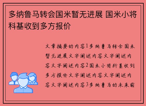 多纳鲁马转会国米暂无进展 国米小将科基收到多方报价