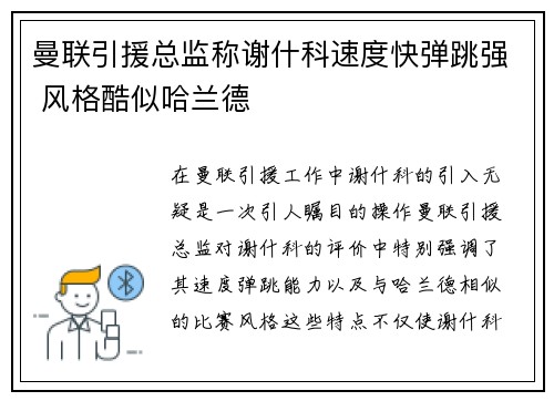 曼联引援总监称谢什科速度快弹跳强 风格酷似哈兰德