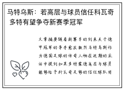 马特乌斯：若高层与球员信任科瓦奇 多特有望争夺新赛季冠军