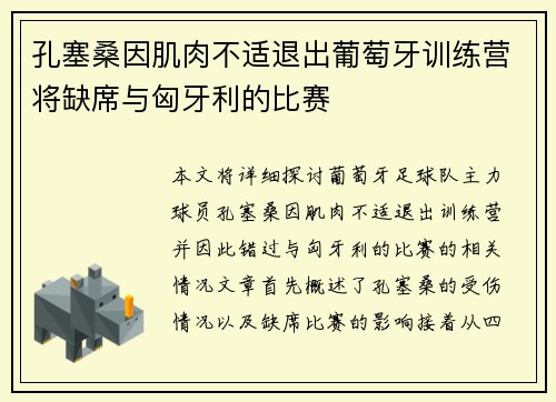 孔塞桑因肌肉不适退出葡萄牙训练营将缺席与匈牙利的比赛